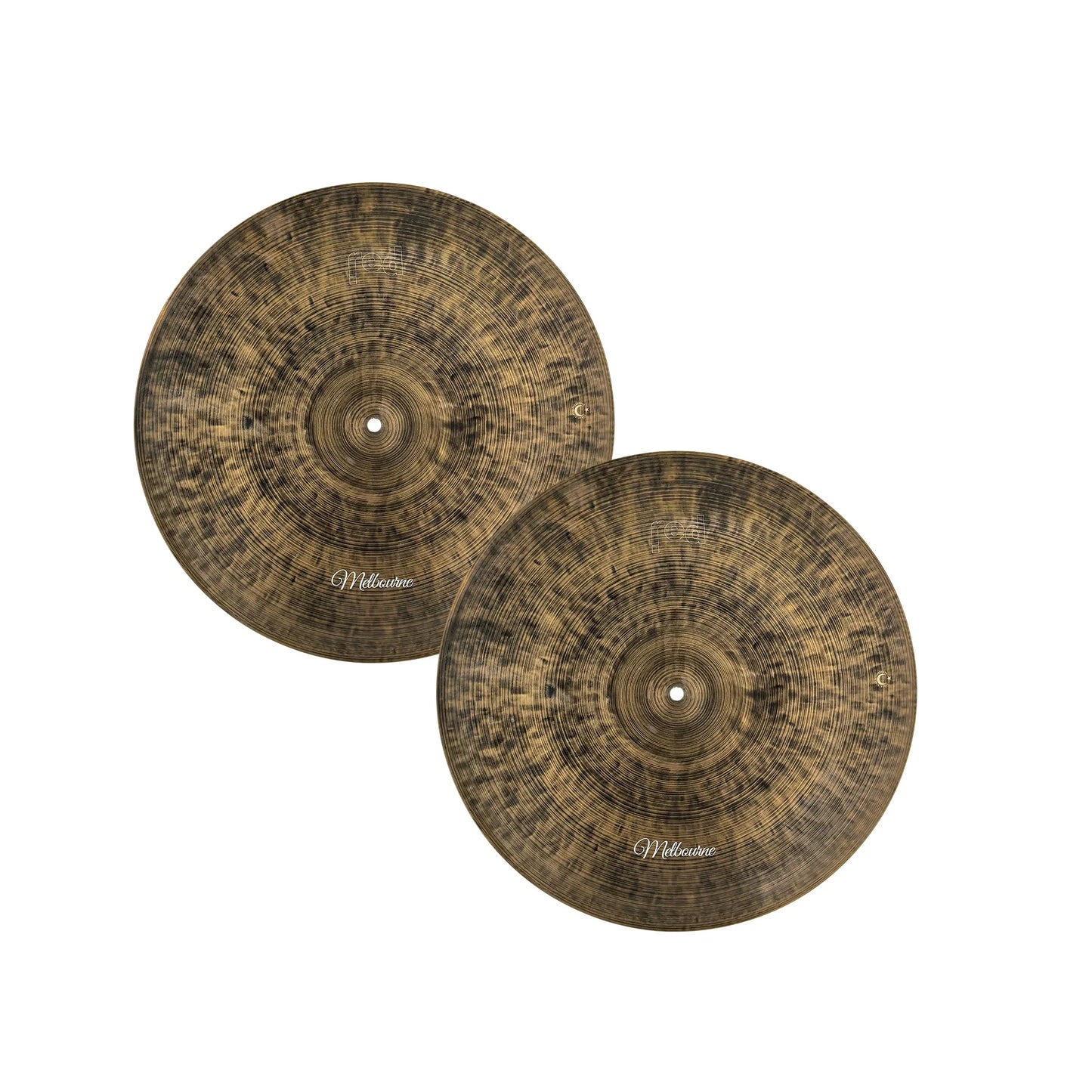 Red Cymbals Melbourne Series 13" Hi-Hats – full top view
Hand-hammered Red Cymbals 13" hi-hat close-up
Melbourne Series 13" Hi-Hats on drum kit
Dark tone Red Cymbals hi-hats – hammering detail