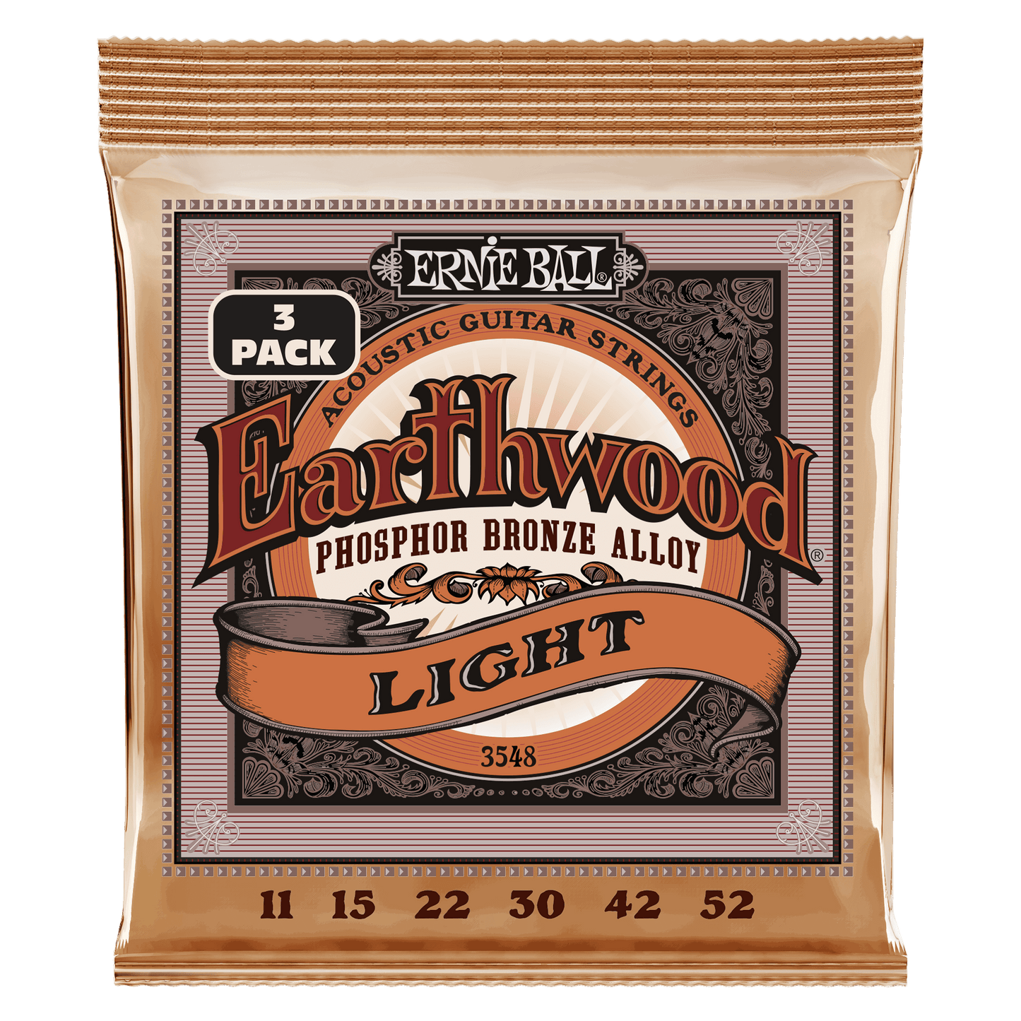 Ernie Ball Earthwood Light Phosphor Bronze Acoustic Guitar Strings, 11-52 Gauge - 3 Pack