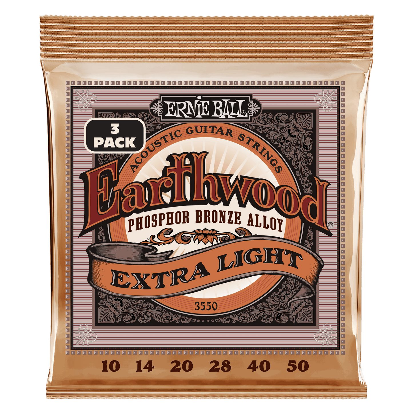 Ernie Ball Earthwood Extra Light Phosphor Bronze Acoustic Guitar Strings, 10-50 Gauge - 3 Pack