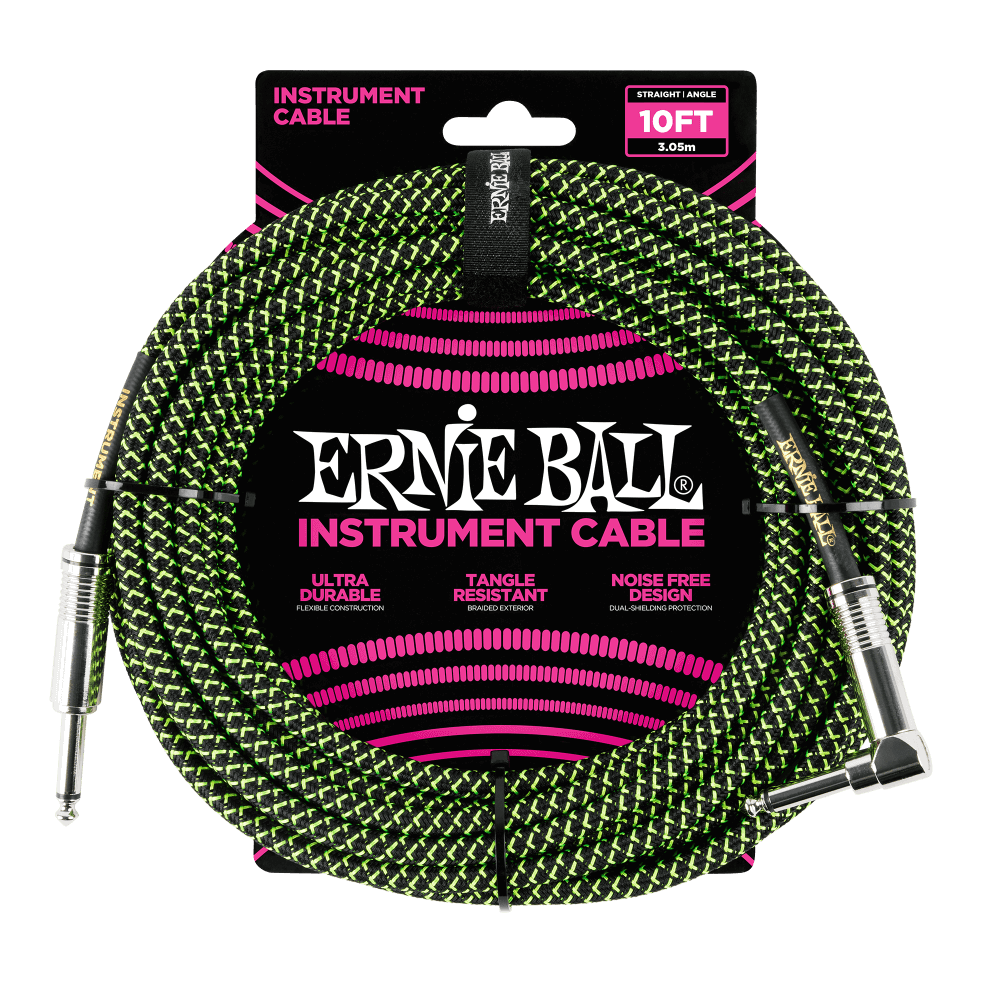 Ernie Ball 10ft Braided Straight / Angled Instrument Cable - (Black/Green)
