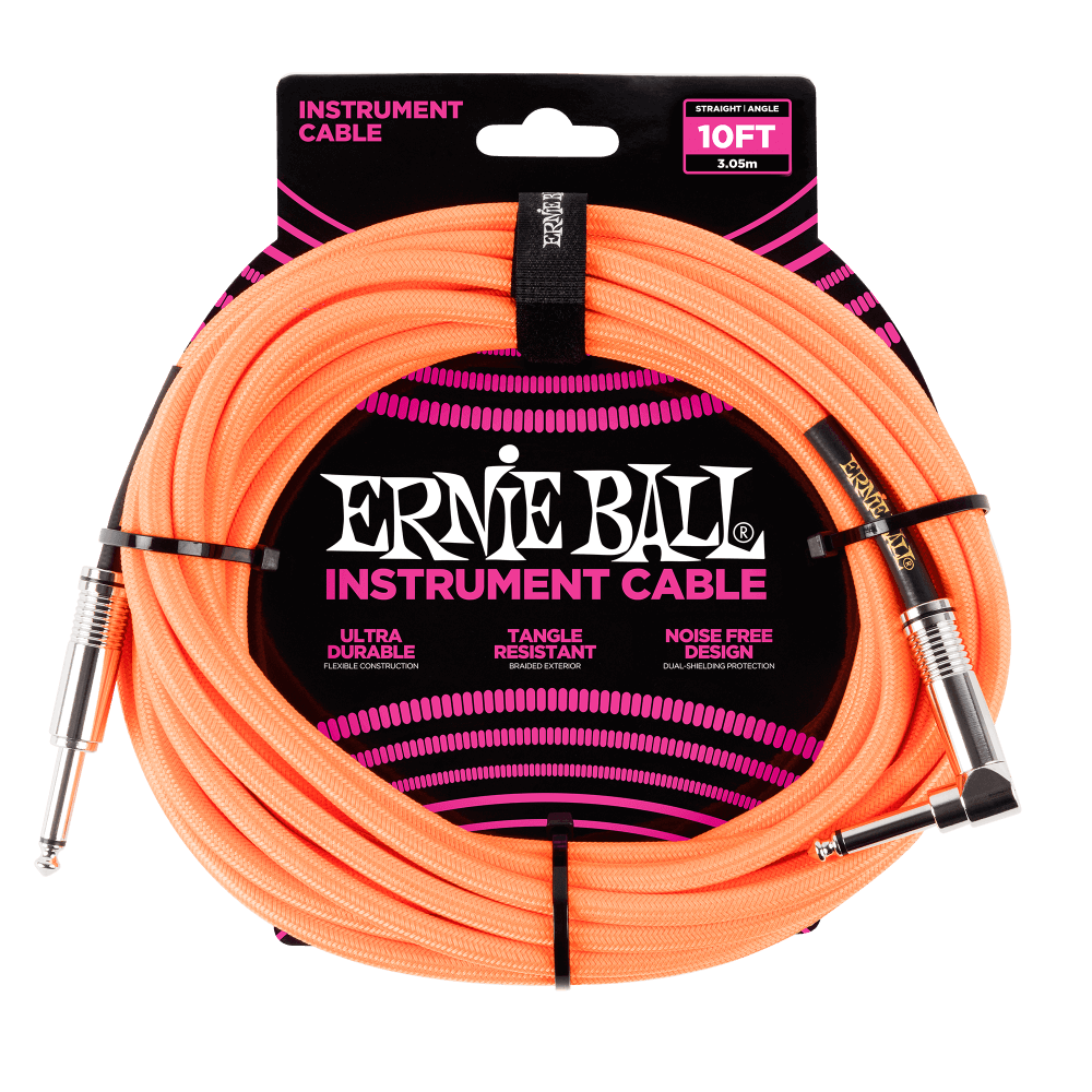Ernie Ball 10ft Braided Straight / Angled Instrument Cable - Neon Orange