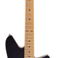 Black electric guitar with a maple neck on a white background