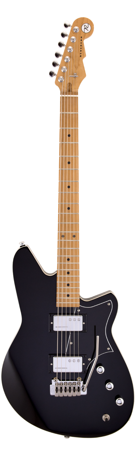 Black electric guitar with a maple neck on a white background