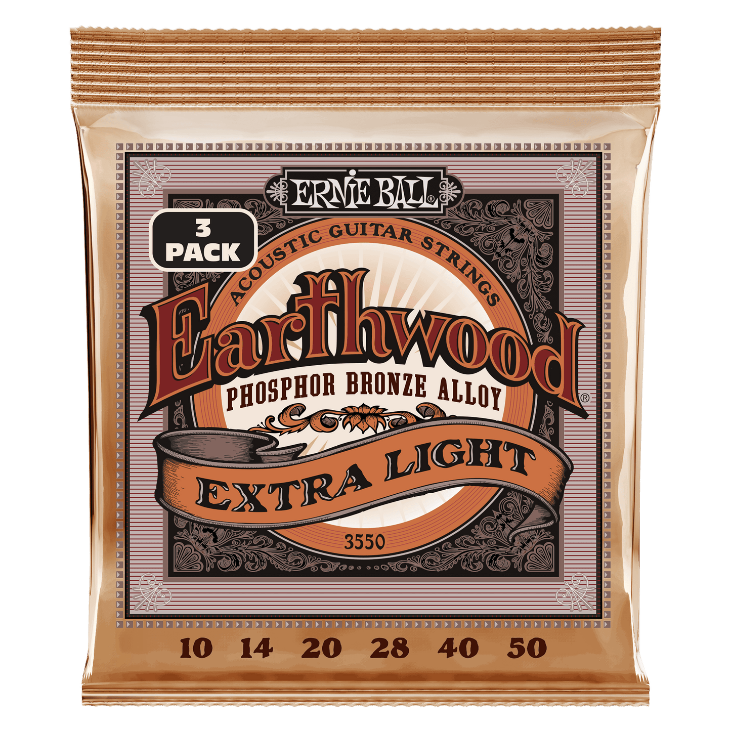 Ernie Ball Earthwood Extra Light Phosphor Bronze Acoustic Guitar Strings, 10-50 Gauge - 3 Pack